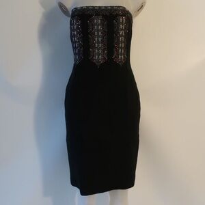 David Meister Elegant Black Strapless Dress with Embroidery Cocktail Dress, Boho